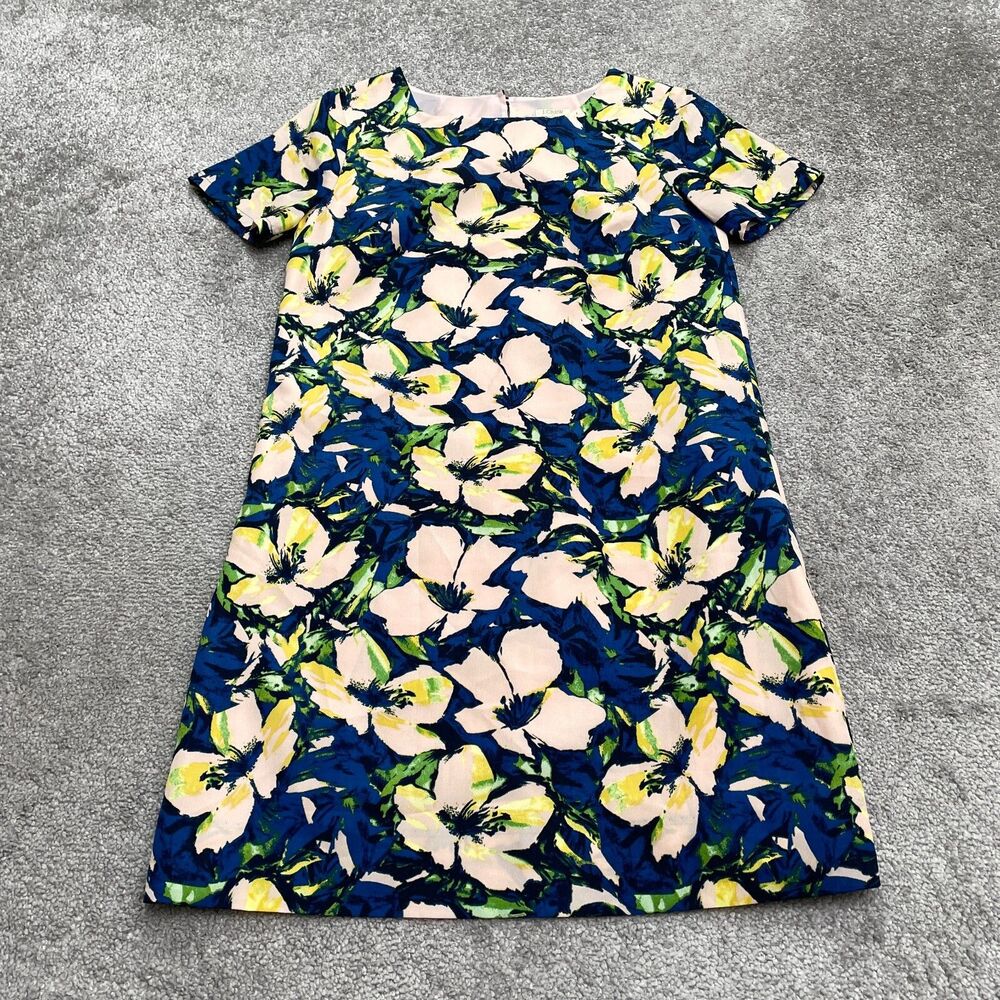 J. Crew Midi Shift Dress Womens 00 Blue Floral Short Sleeve Lined Work Casual